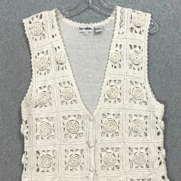 Vintage 90s Crochet Sweater Vest Sz L Cardigan Cottagecore Grannycore Rosette - Picture 4 of 16